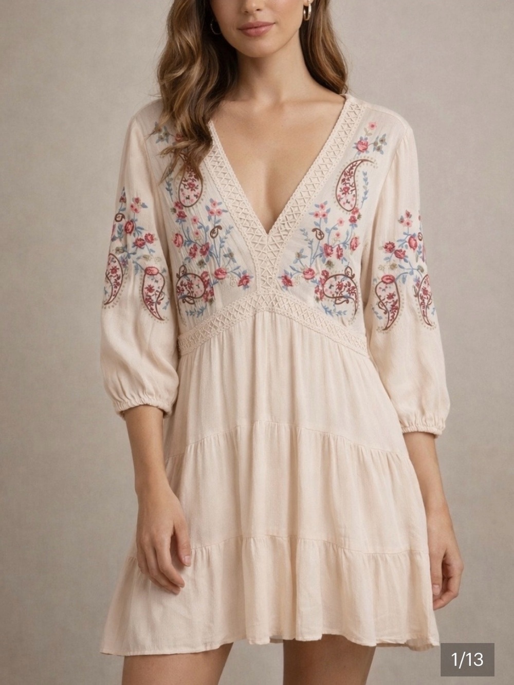 Audrey Parks + Francesca’s Bohemian Ivory Embroidered V-Neck Mini Dress